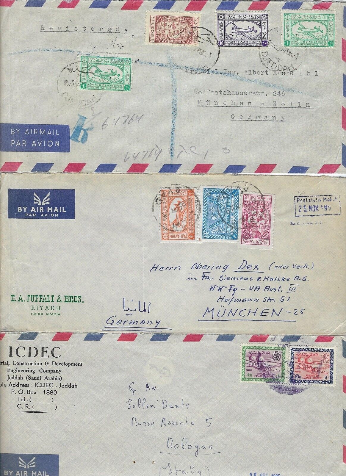 SAUDI ARABIA 1950s THREE AIR MAIL COVERS W/UNUSUAL FRANKINGS RIYADH W/TUGHRA SG