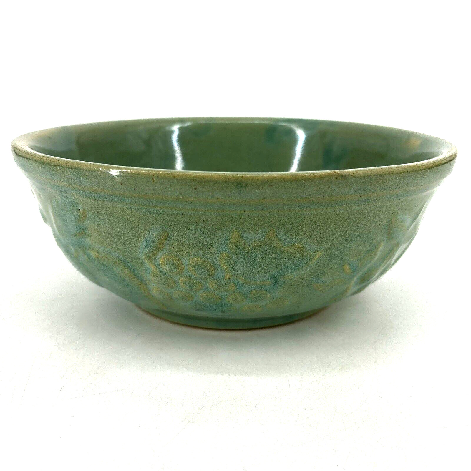 Antique 1930s Green Yellowware Vintage Mixing Bowl Embossed Fruits Stoneware
