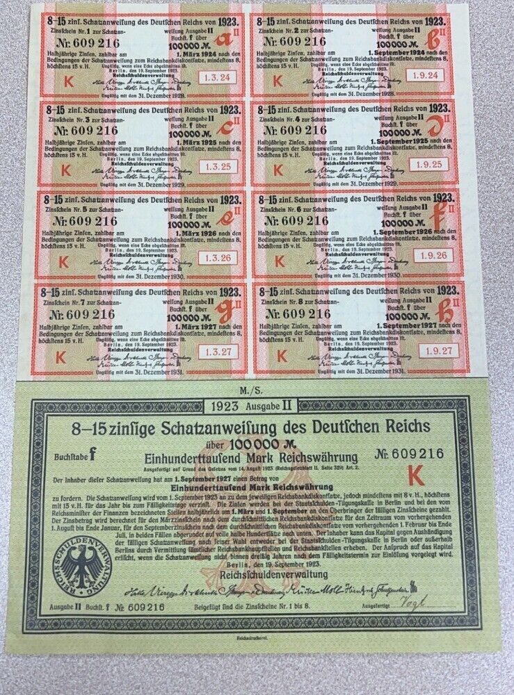 German 8-15% Treasury Bond 100,000 Marks 1923 with coupons