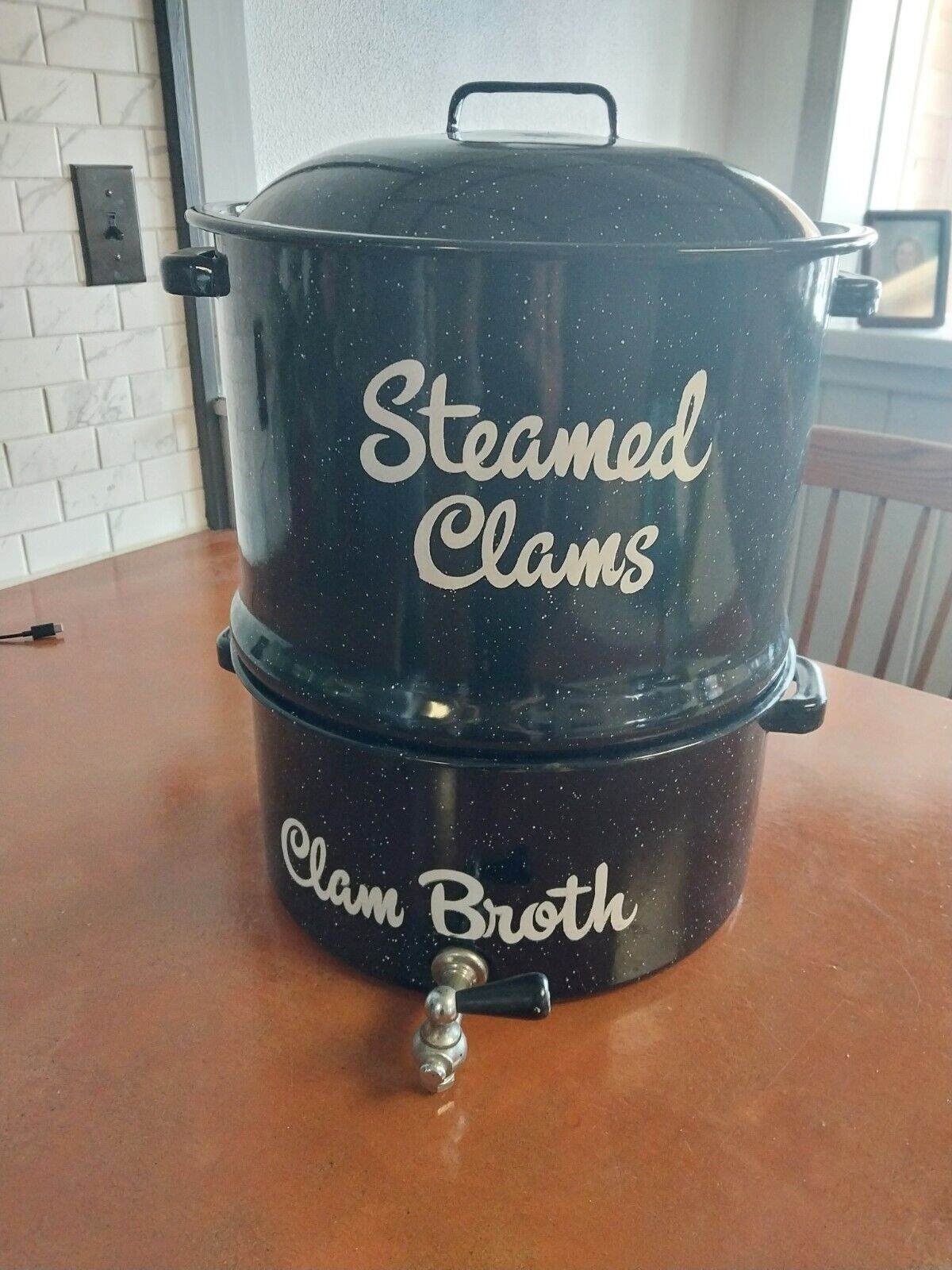 3pc Clam Seafood Steamer/Broth Pot Black Speckled Graniteware Enamelware nice
