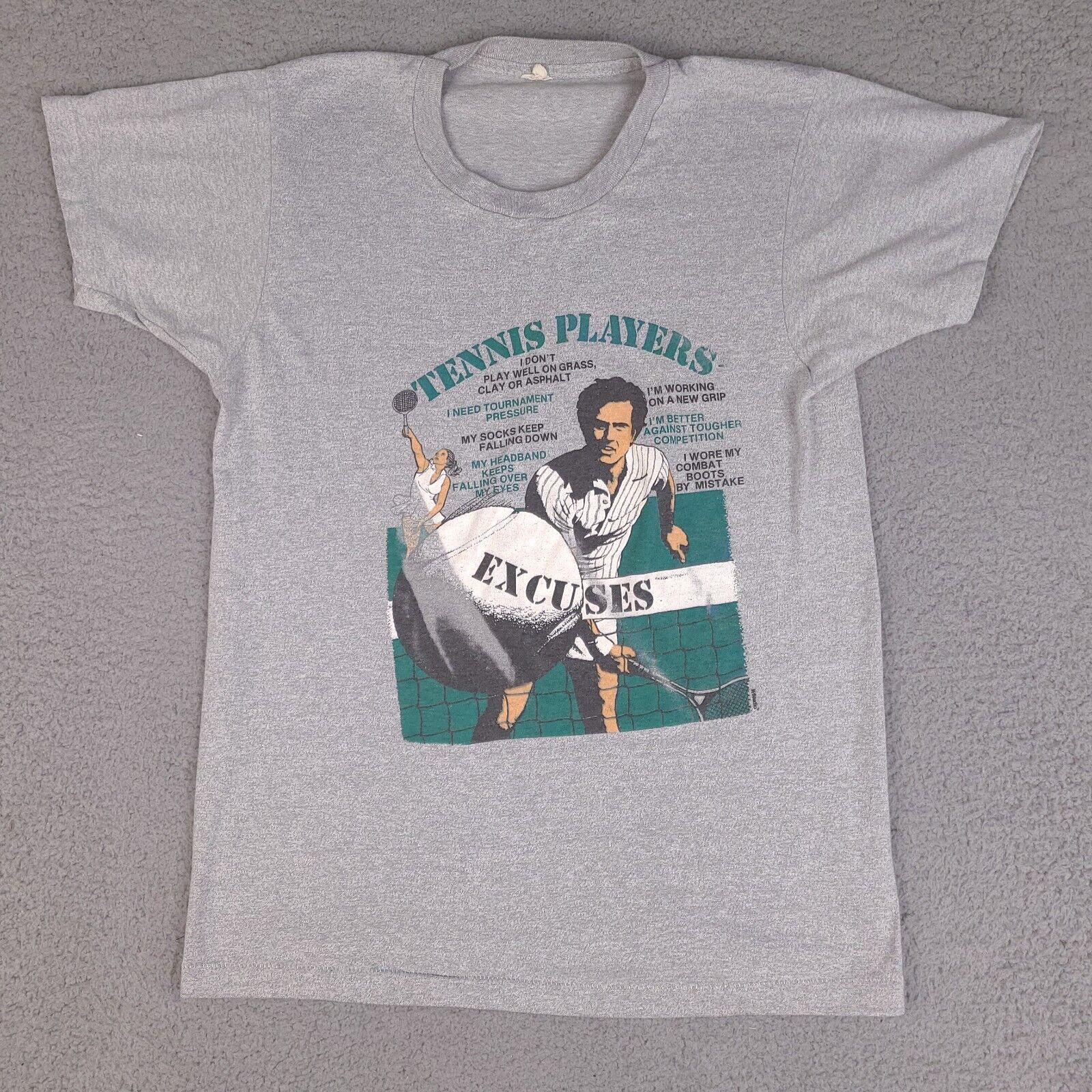 Vintage Tennis Players Excuses T-Shirt Adult Medium Gray Funny Single Stitch