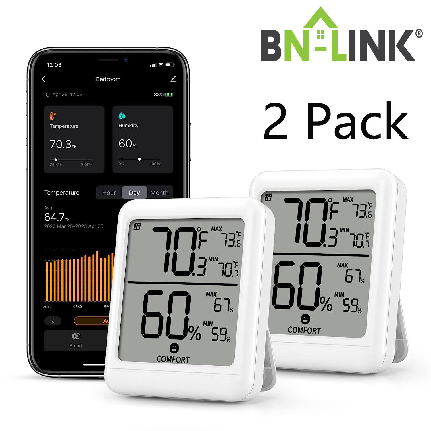 BN-LINK 2Pcs Bluetooth Hygrometer Thermometer Temperature Humidity Monitor Meter