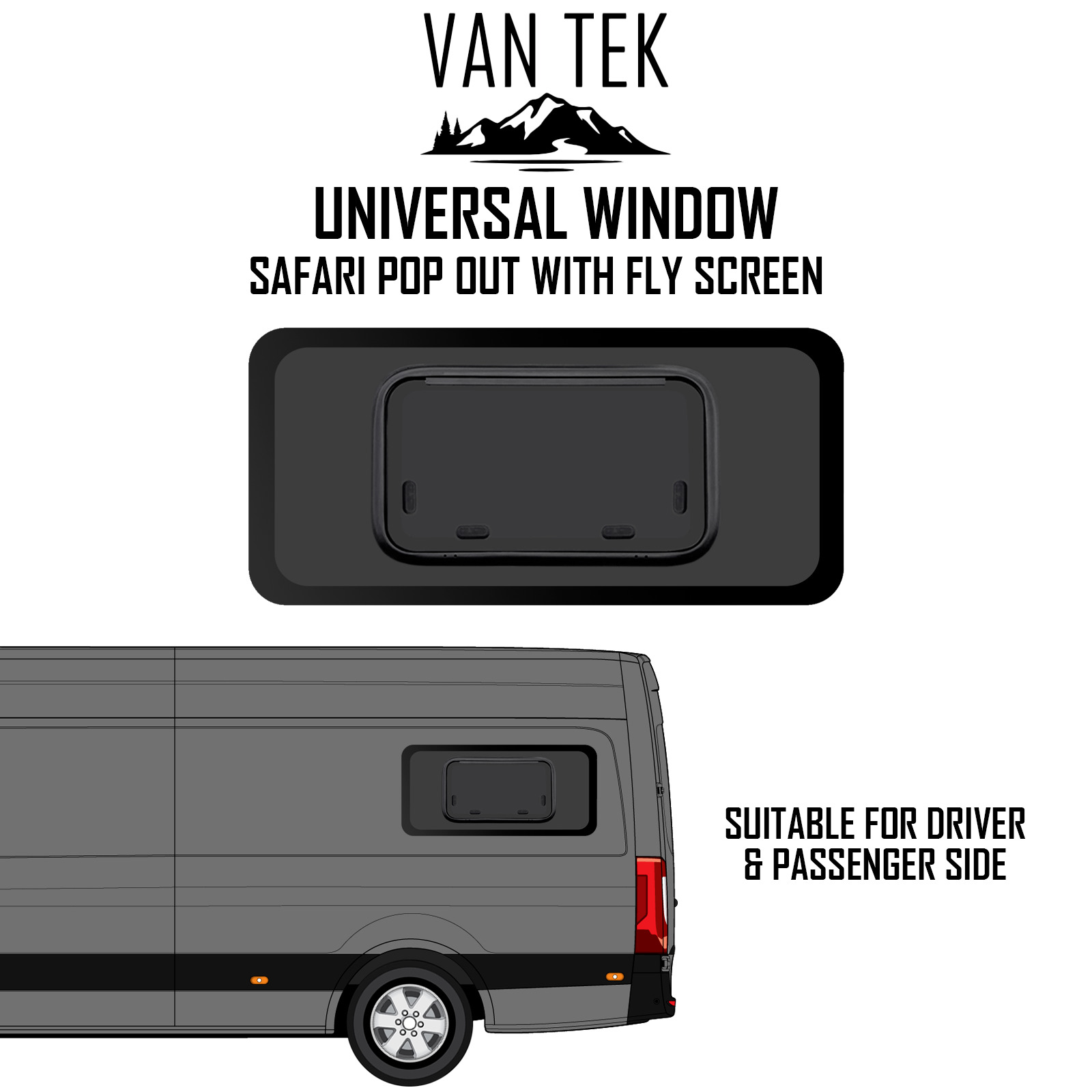 Universal SAFARI POP OUT Window 880mm x 460mm WITH FLY SCREEN  Van Tek Glass