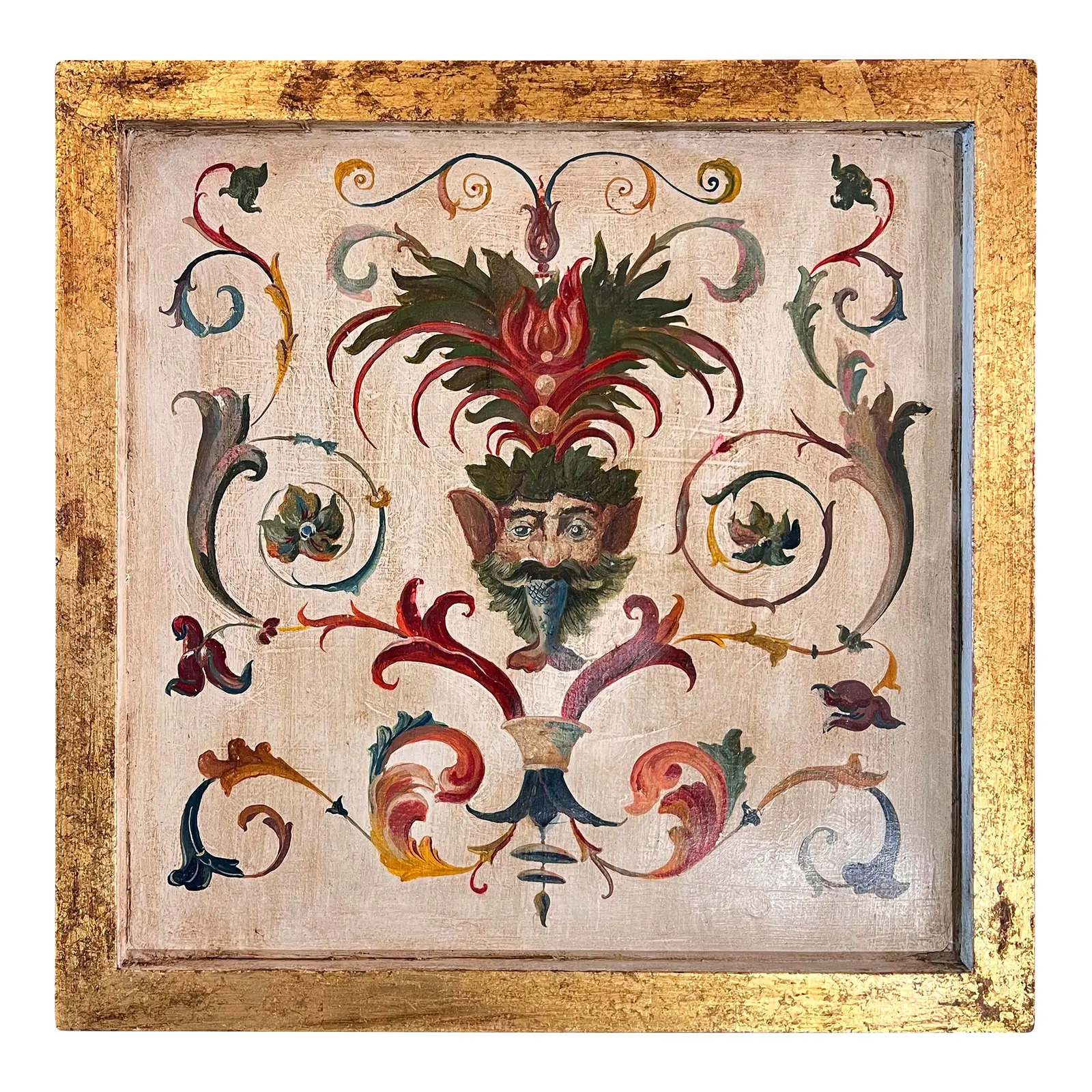 Italian Grotesque Style Oil Painting on Wood with Gilded Borders, Made to Hang