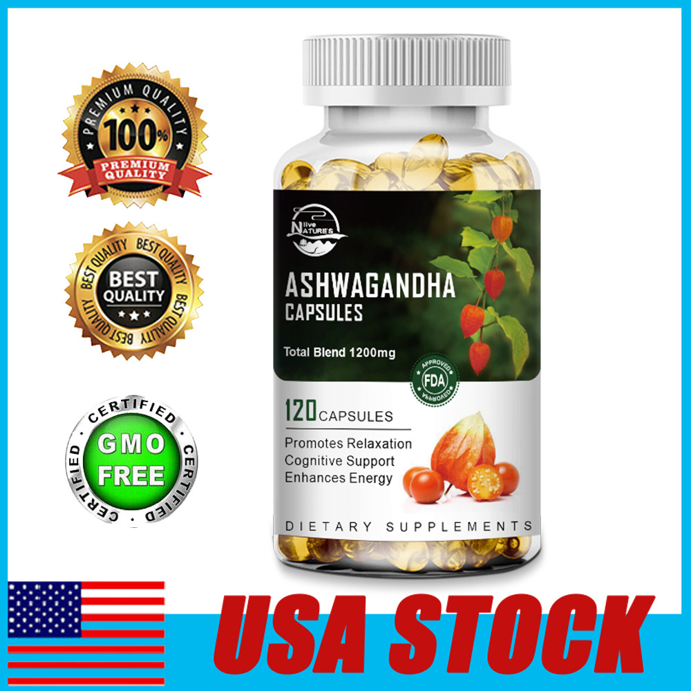 Organic Ashwagandha Capsules 1200mg Supplement w/ Black Pepper Root Powder