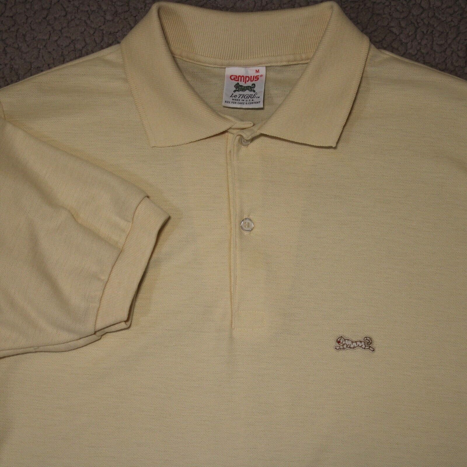 Vintage Le Tigre Logo Polo Yellow Adult Medium Short Sleeve Shirt Made in USA