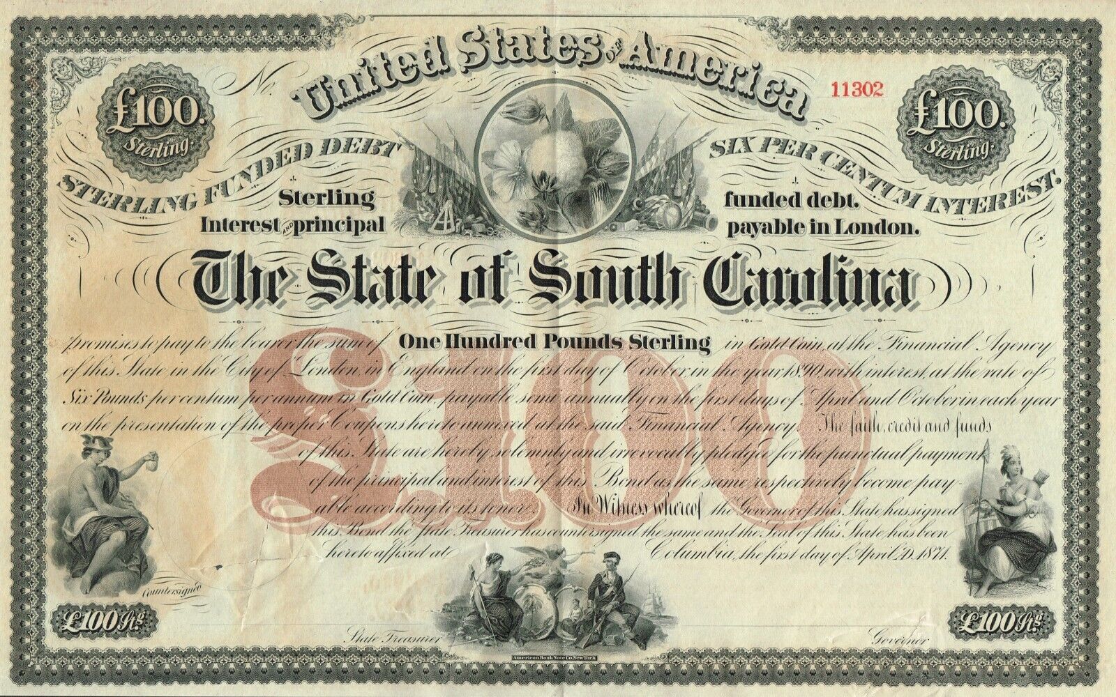 USA STATE OF SOUTH CAROLINA stock certificate/bond 1871