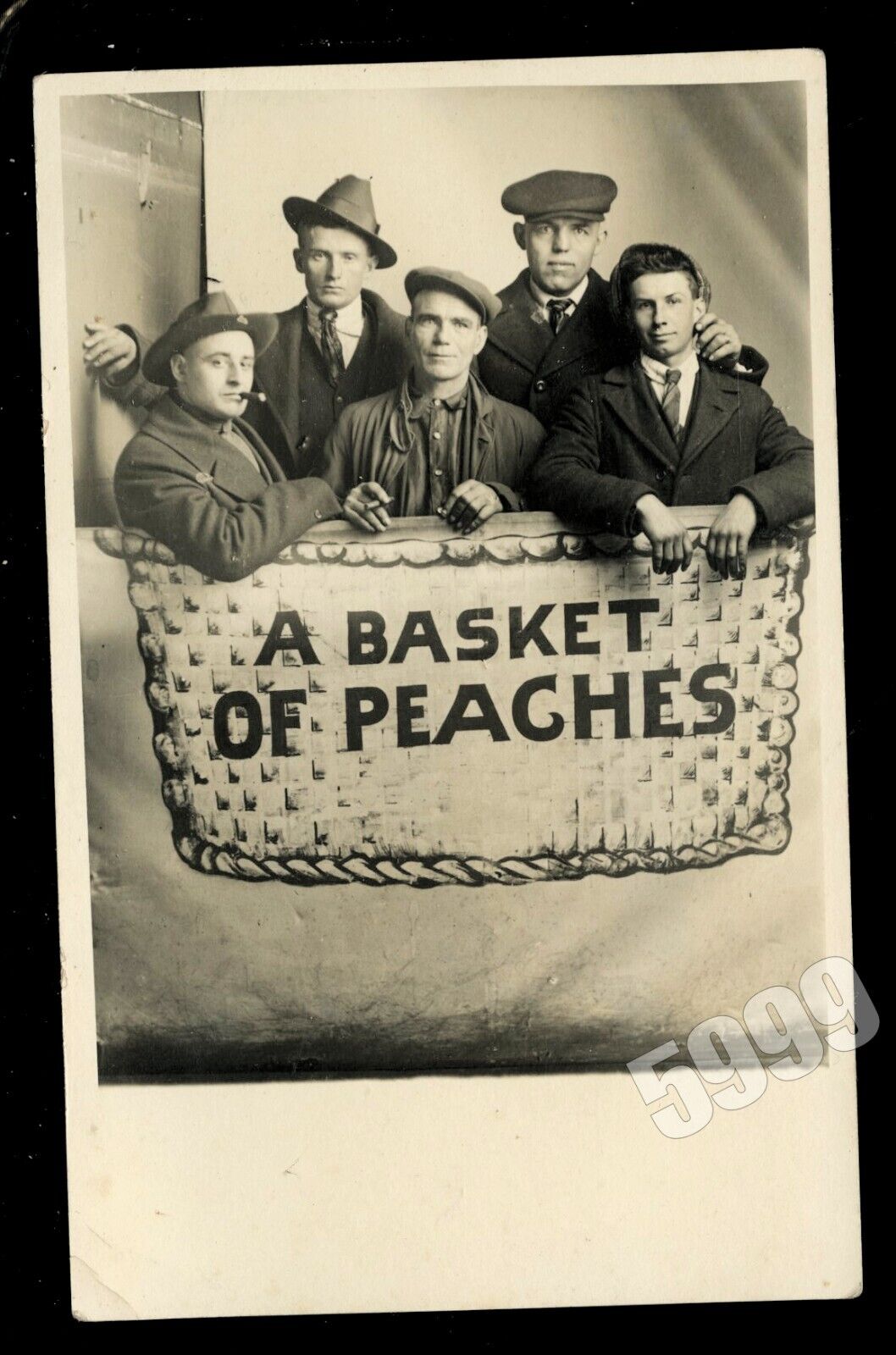 BASKET OF PEACHES Antique Funny Novelty Postcard Photo Men Friends Unusual