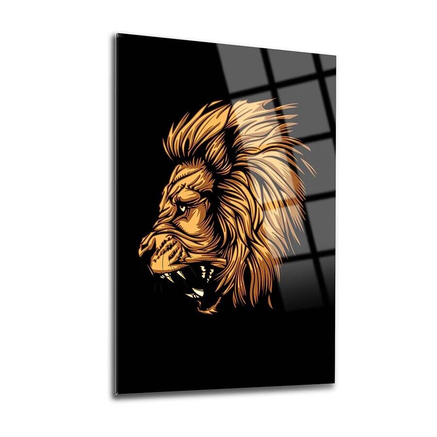Yellow Lion Tempered Glass Wall Art, Easy Installation, Fade Proof Wall Decor