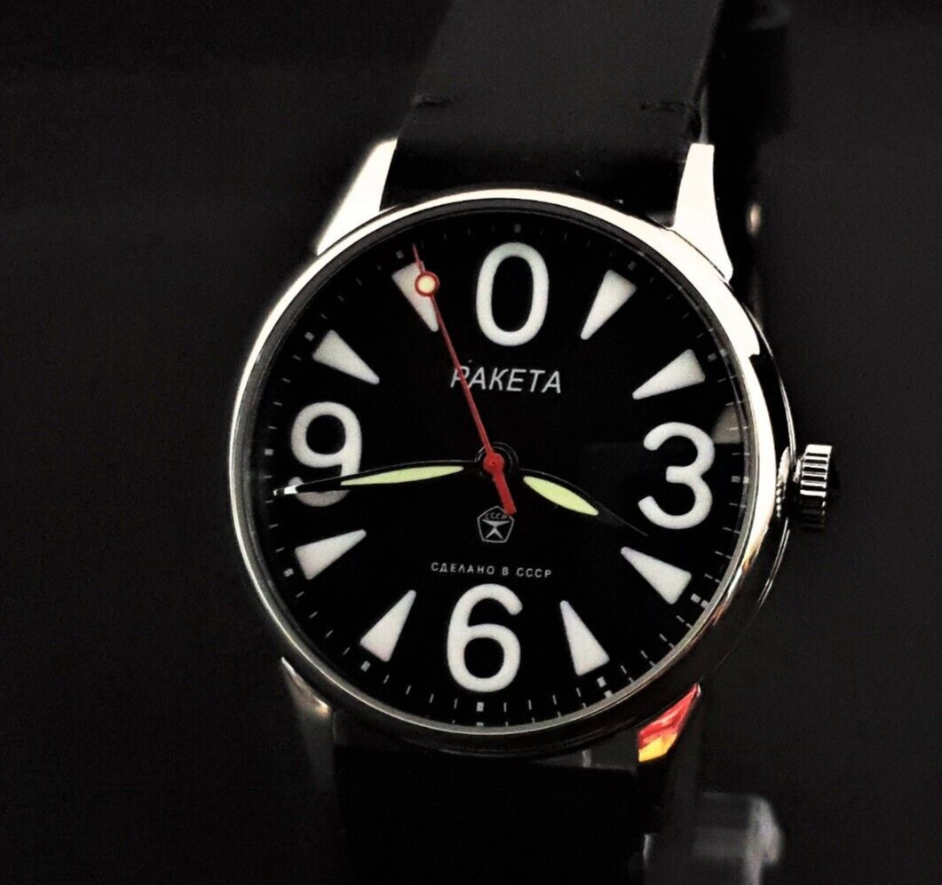 Vintage Watch USSR RAKETA Big Zero Black Dial Mechanism Wristwatch 2609.HA