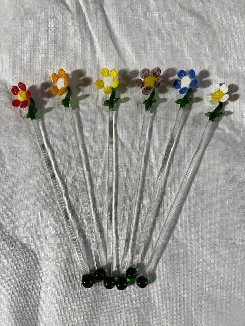 Ganz Handblown Glass Beverage Flower Stirrers Set of 6