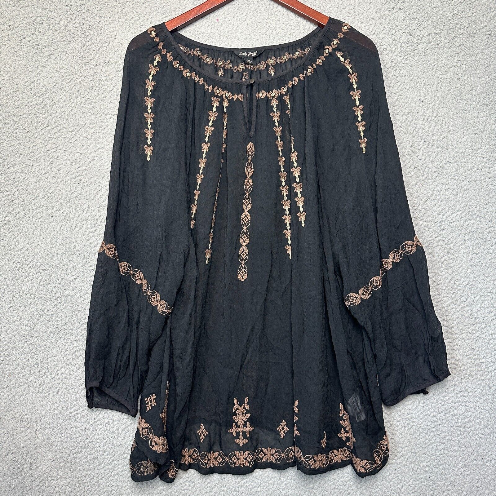 Lucky Brand Top Women 3X Plus Black Mesh Tunic Western Blouse Boho Embroidered