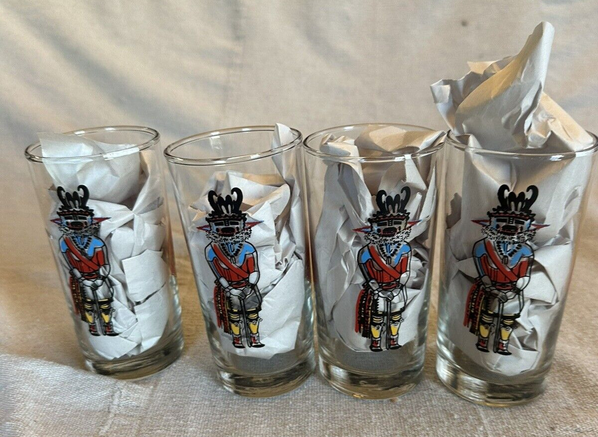 SET OF 4 VTG LIBBEY HOPI INDIAN KACHINA DOLL CLEAR GLASS WATER TUMBLERS 5 1/2\