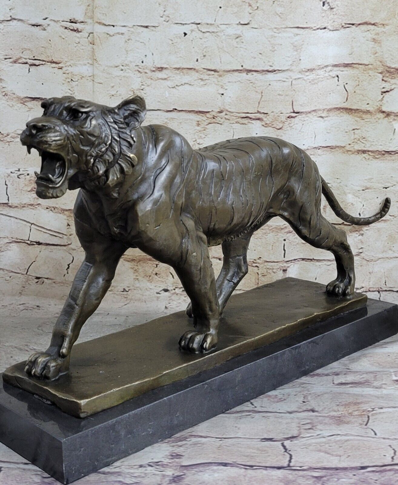 Early 20thC EUROPEAN BRONZE TIGER Artist by Barye on Marble Base Figurine Statue