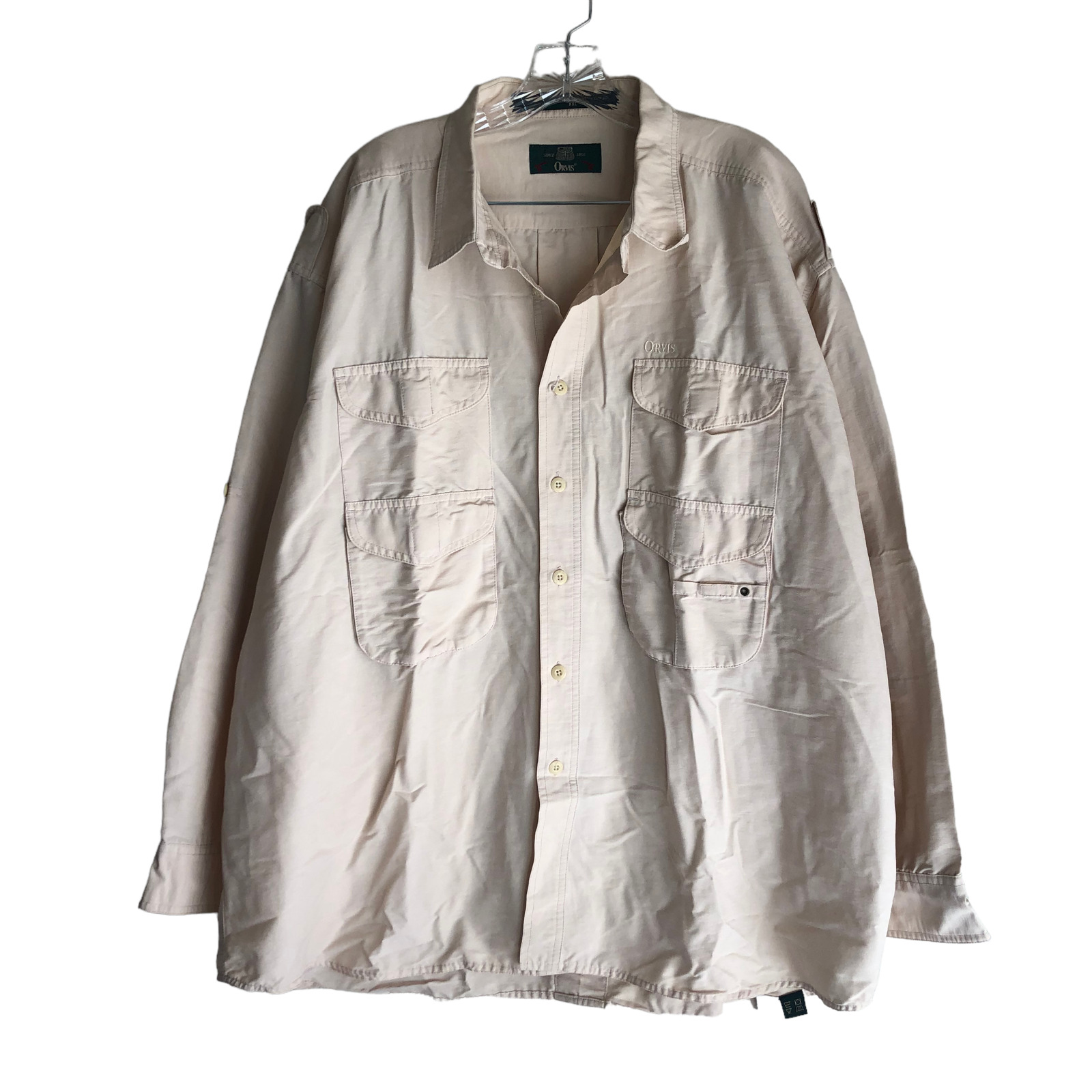 Vintage Orvis Utility Shirt Size 2XL Beige Long Sleeve Outdoor Safari Fishing