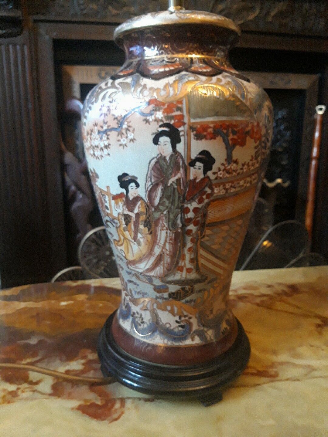 Antique Large  Japanese Geisha Satsuma Large Vase w/ Wood Base Lamp Base 
