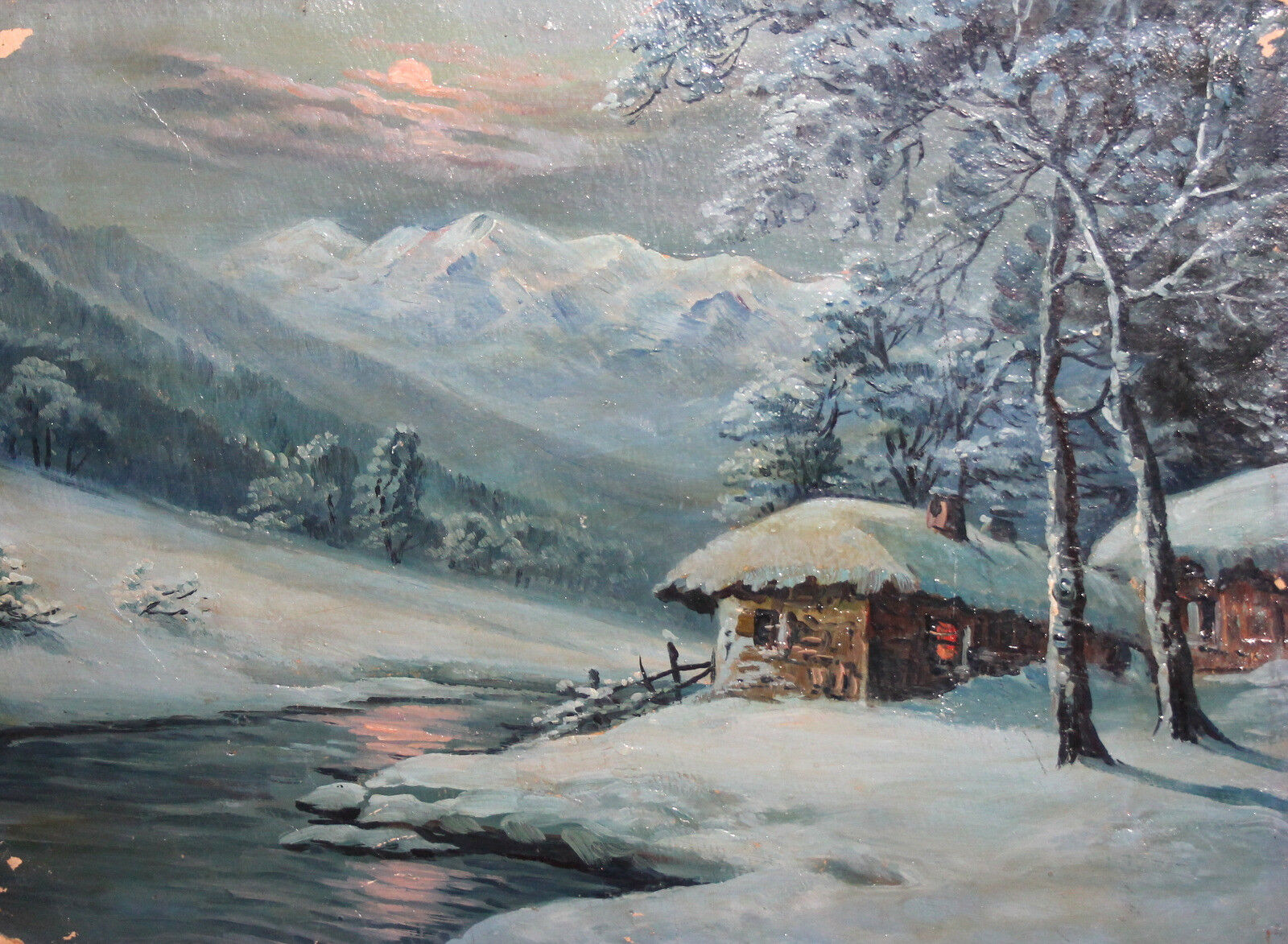 Antique European oil painting winter landscape