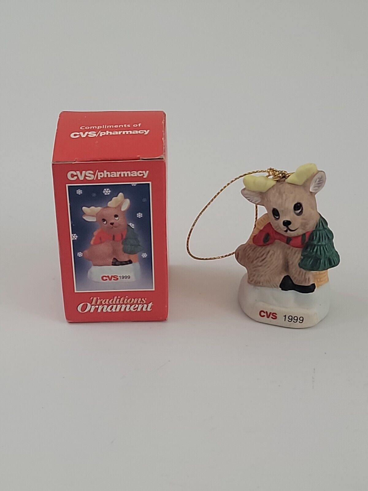 Vintage 1999 CVS Pharmacy Christmas Holiday Porcelain Ornament Reindeer w/ Box