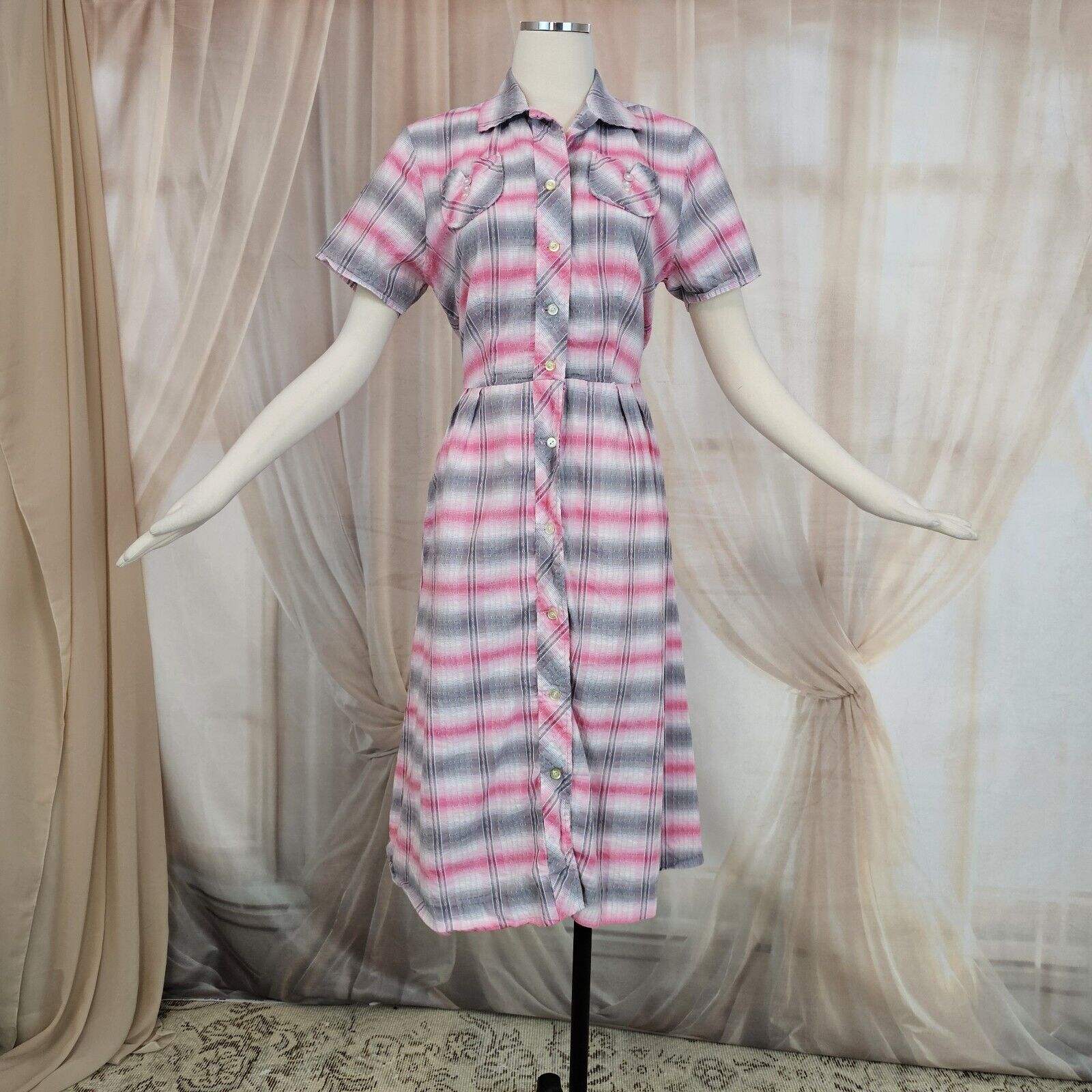 Vintage 1950s Dress Housedress Cotton Pink Gray Pinup Button Up Collar 
