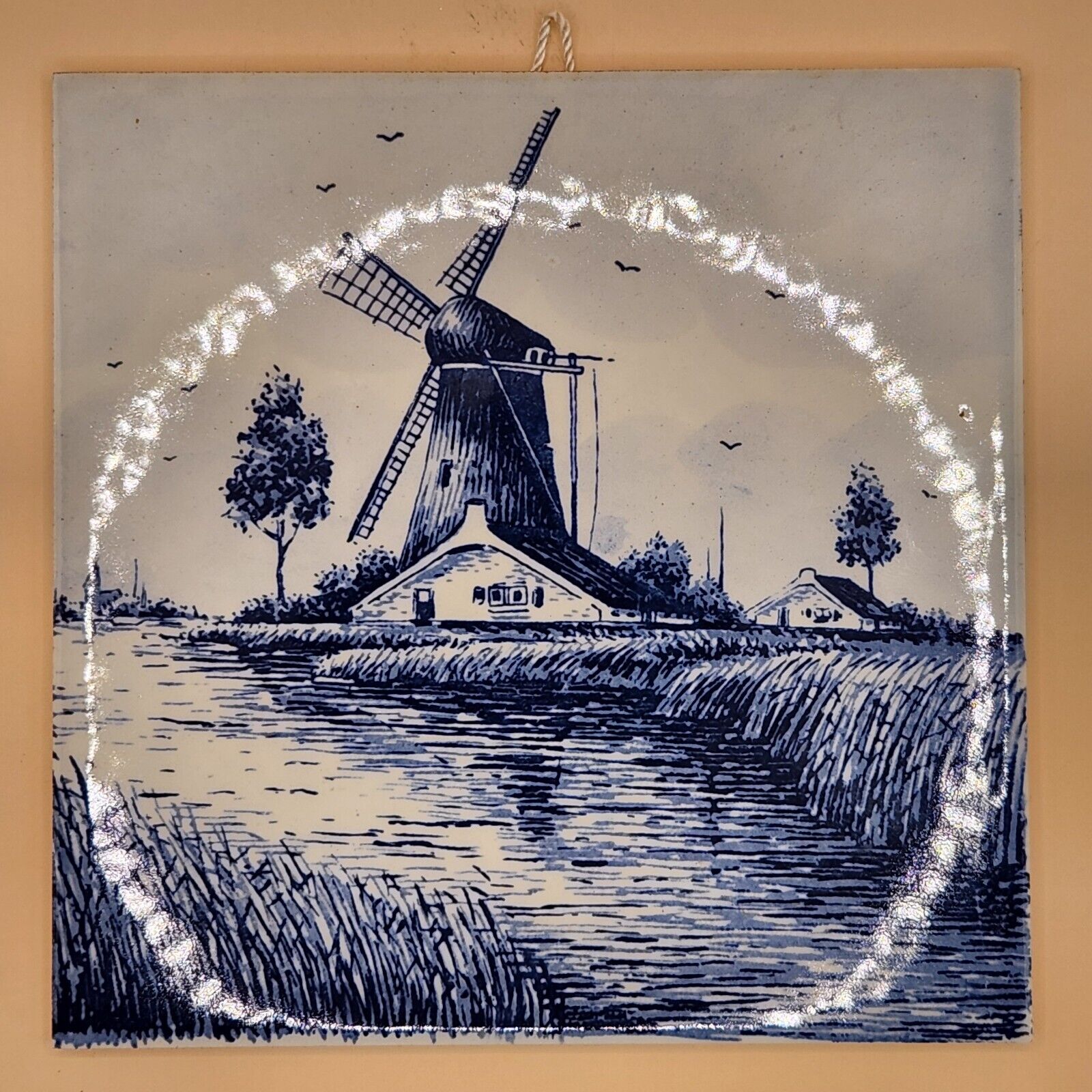 Royal Delft Hand Painted Blue / White Windmill Landscape 6\