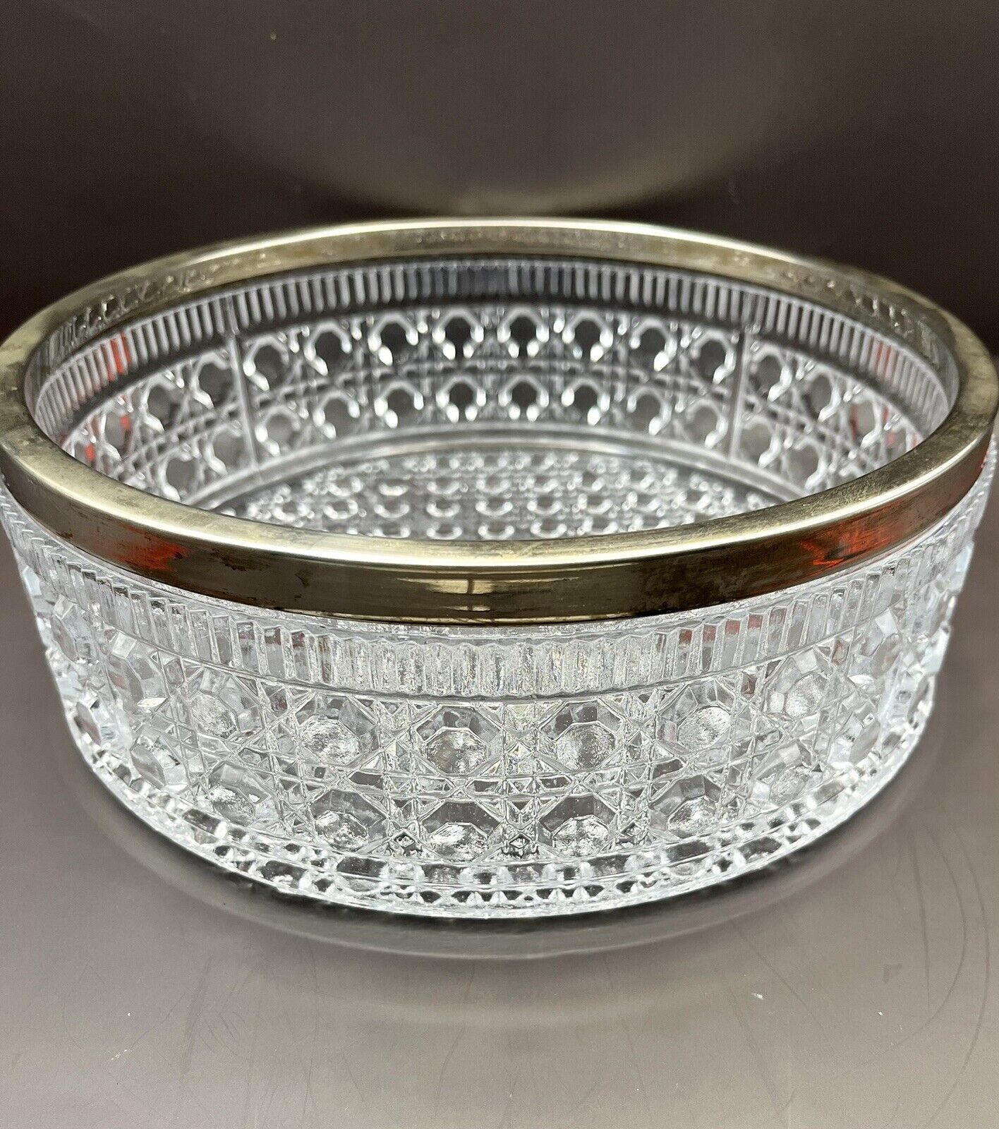 Antique 1930s Crystal Glass Octagonal Pattern Formal Centerpiece Bowl Dish