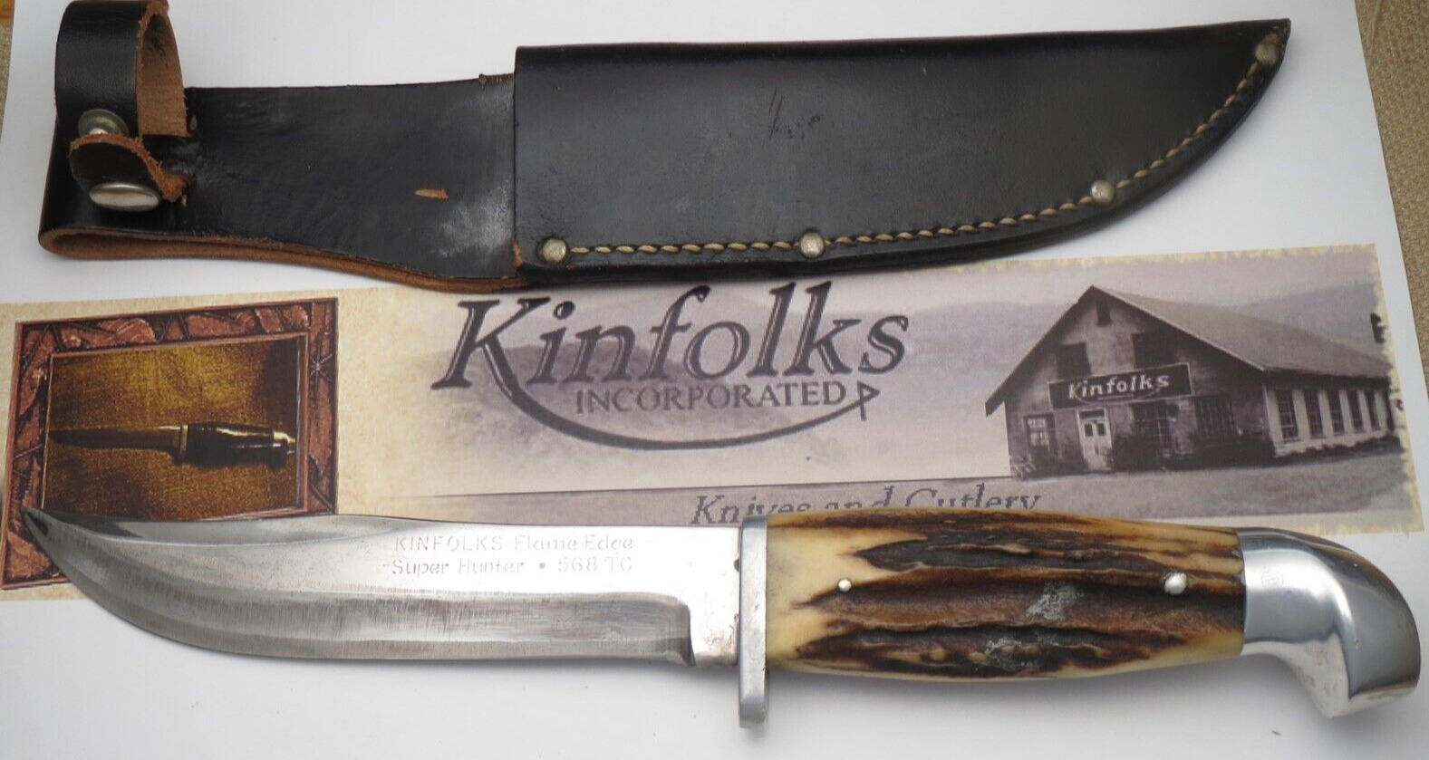 Antique KINFOLKS USA Pre-1965 Fixed Blade Hunting Knife Stag Handles FLAME EDGE