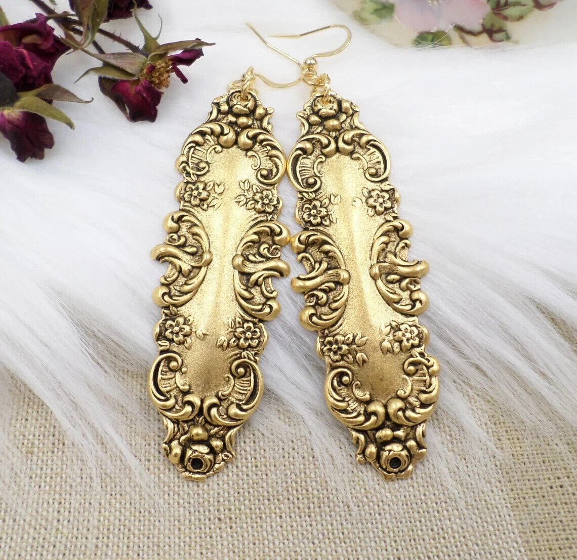 BIG Antique Gold Plated Brass Victorian Style Filigree Floral Earrings
