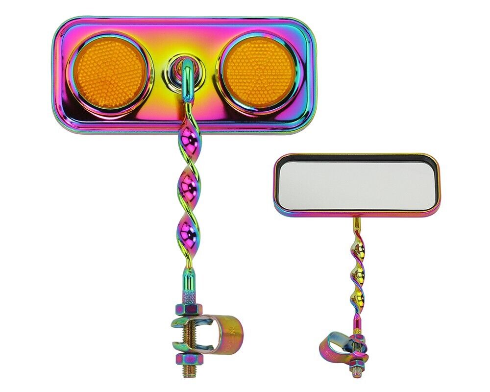 VINTAGE LOWRIDER RECTANGLE FLAT TWISTED MIRROR IN NEON W/AMBER REFLECTORS.