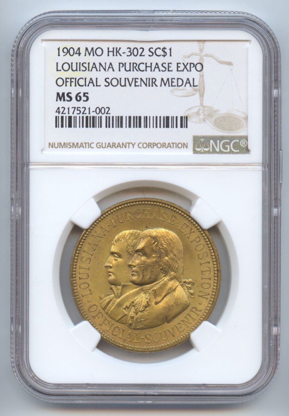 So Called HK-302 La. Purchase (#7288) NGC MS65. Nice even color.