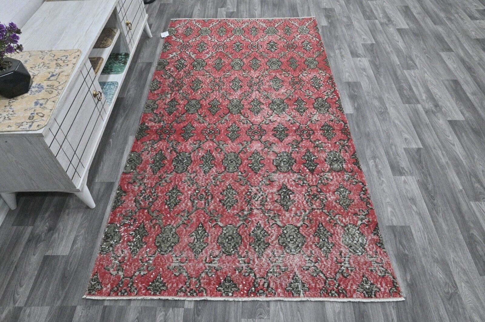 Vintage Turkish Oushak Rug, Red 4x7 ft, Handmade Wool, Bohemian Anatolian