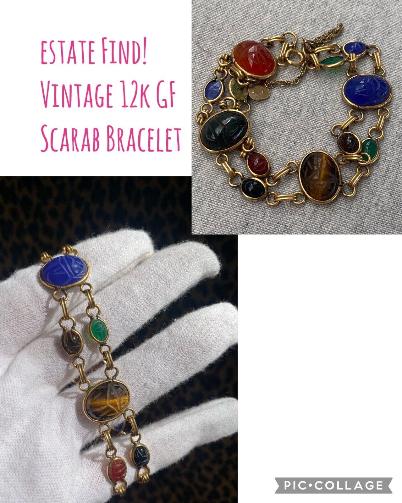 Vintage 12k GF Gold Filled Scarab Beetle Bracelet Signed