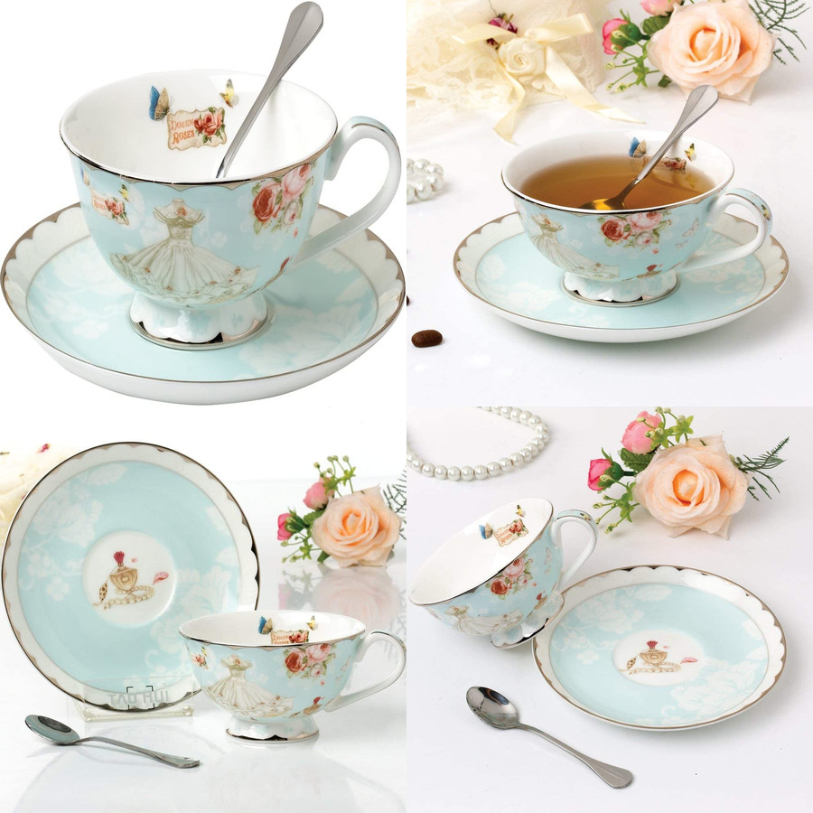 Teacup and Saucer and Spoon Sets Vintage Royal Bone China Tea Cups Rose