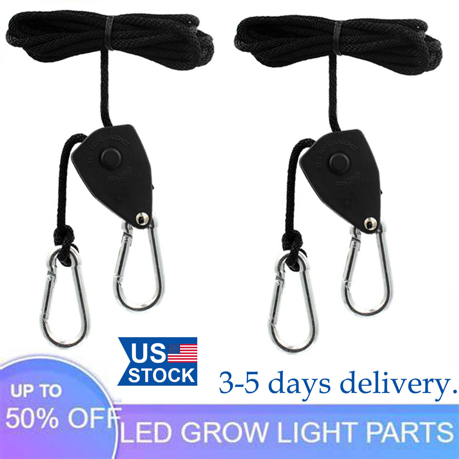 A Pair Of Led Grow Light Hangers Adjustable 1/8\'\' Heavy Duty Rope Ratchet