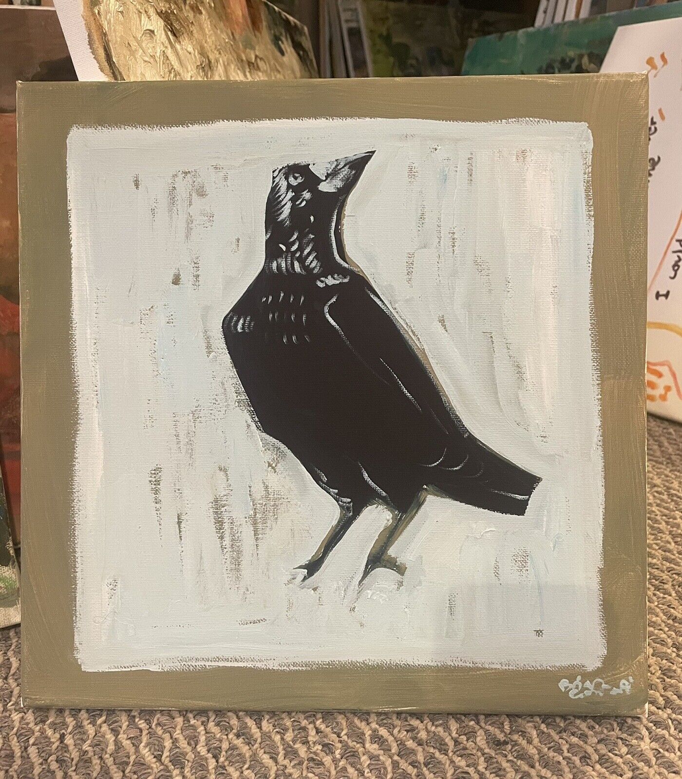 Small Square Crow Oil Painting Modern Cubism On Canvas