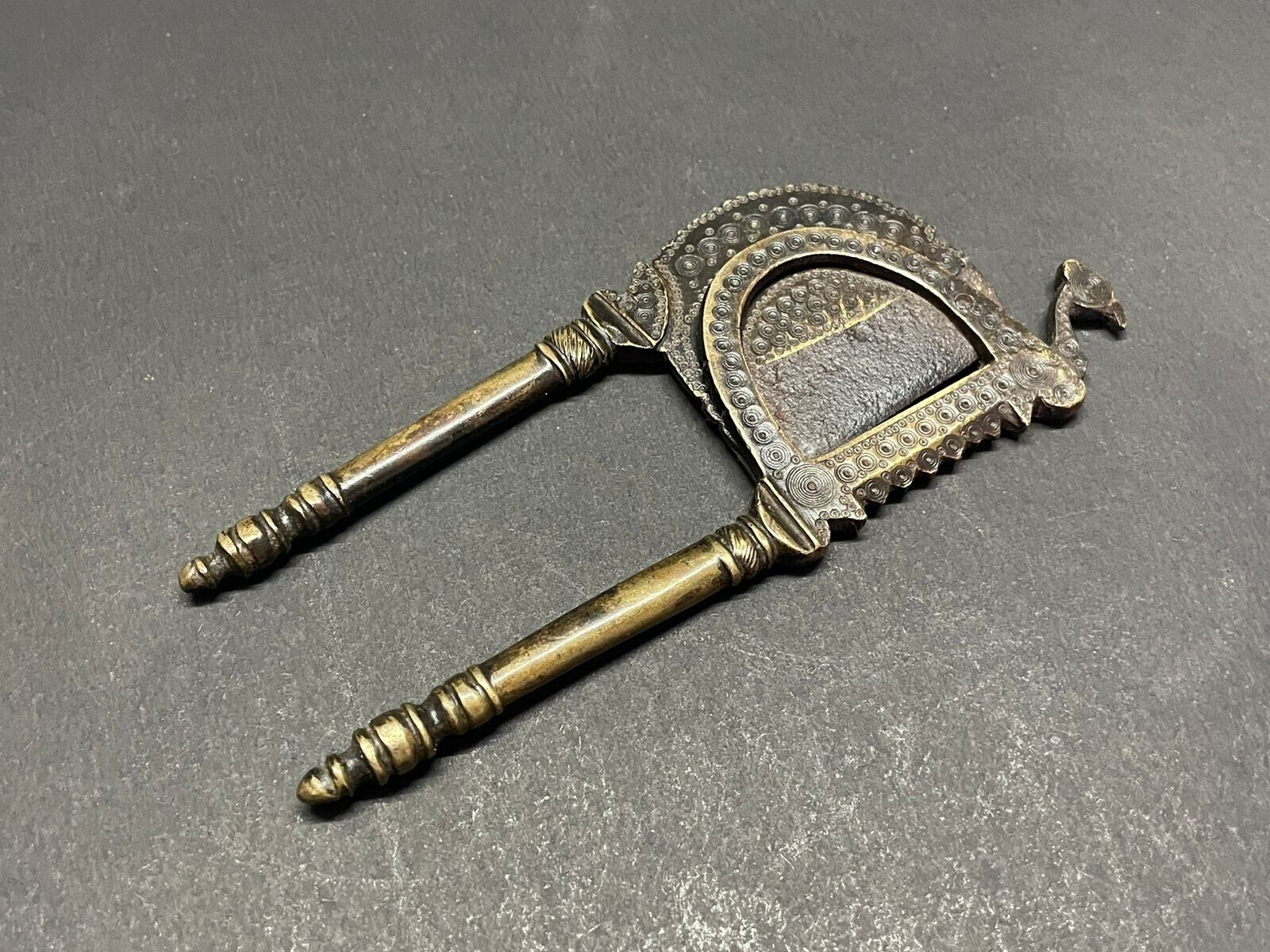 Old Antique Handmade Brass Peacock Shape Fine Engraved Betel Nut Cutter Sarota