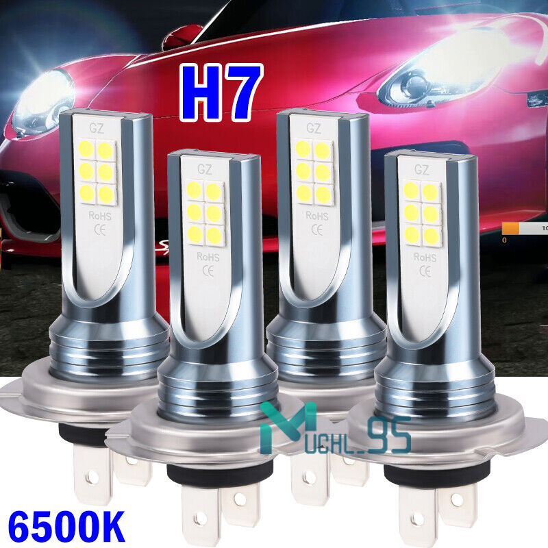 4PCS H7 LED Headlight Bulbs Kit High + Low Beam Combo 6500K Super White Bright