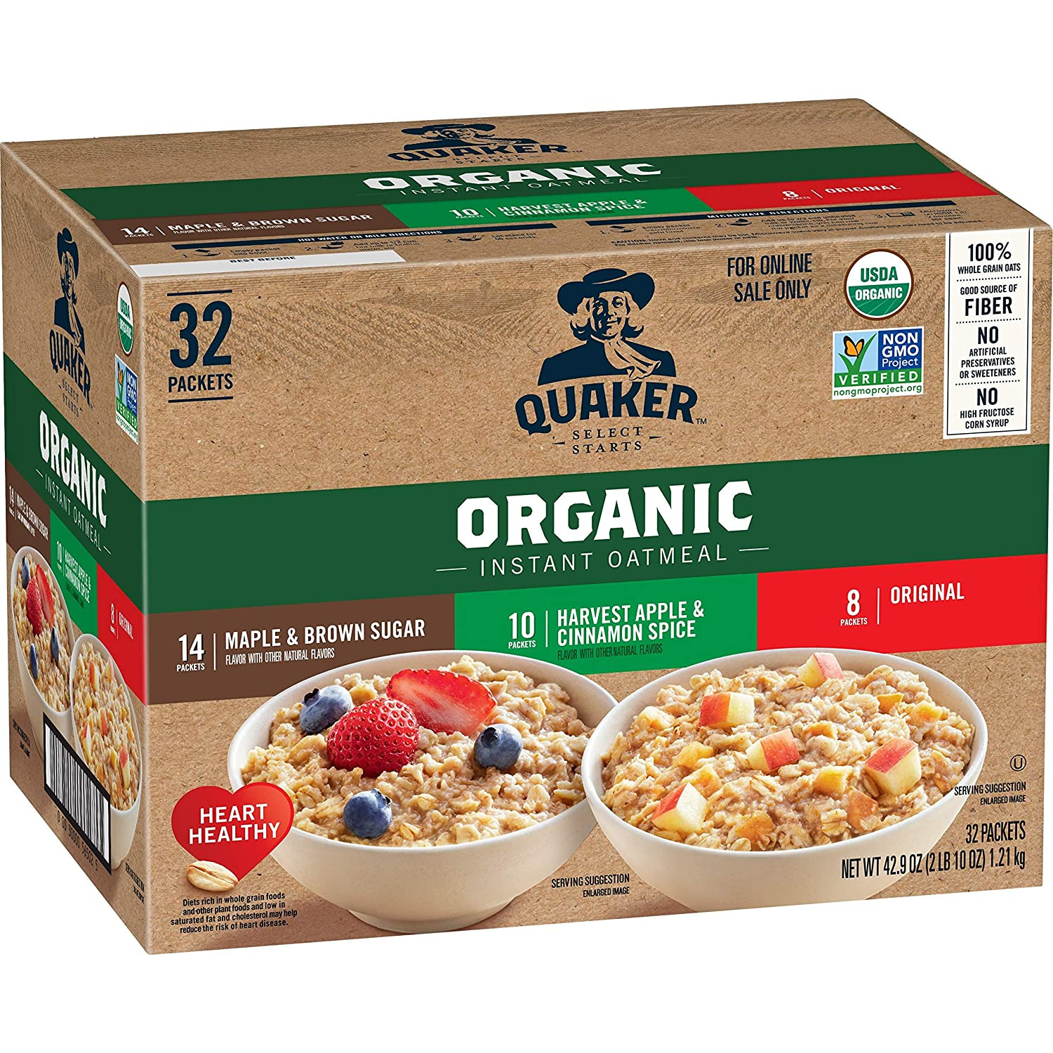 New QUAKER Instant Oatmeal, USDA Organic, 3 Flavor Variety Pack, 32 Count