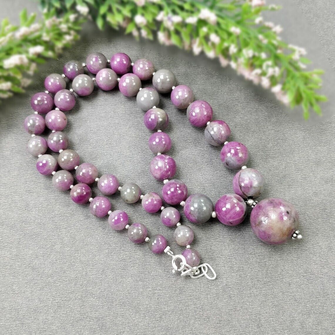 334.15cts Global RUBY Gemstone NECKLACE Zoisite Balls 925 Sterling Silver 18\