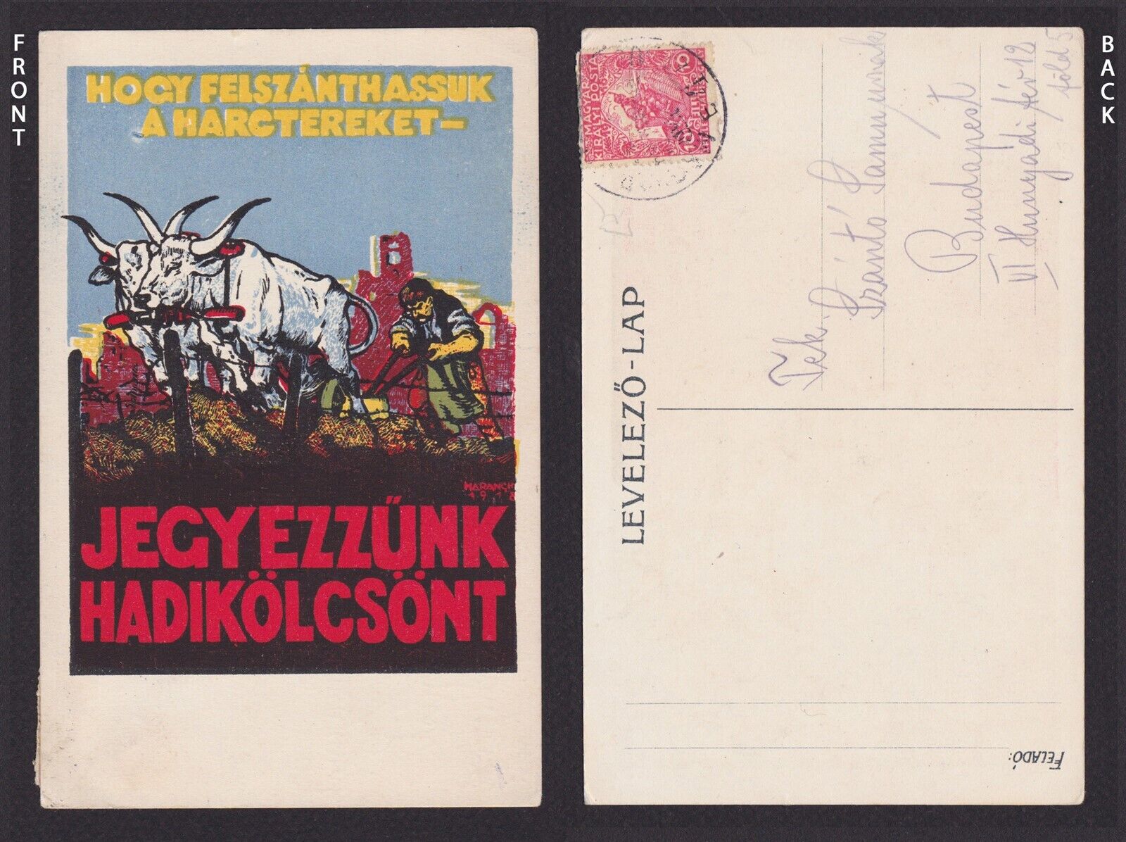 HUNGARY 1918, Postcard to Budapest, Plough up the battlefields, Propaganda, WWI