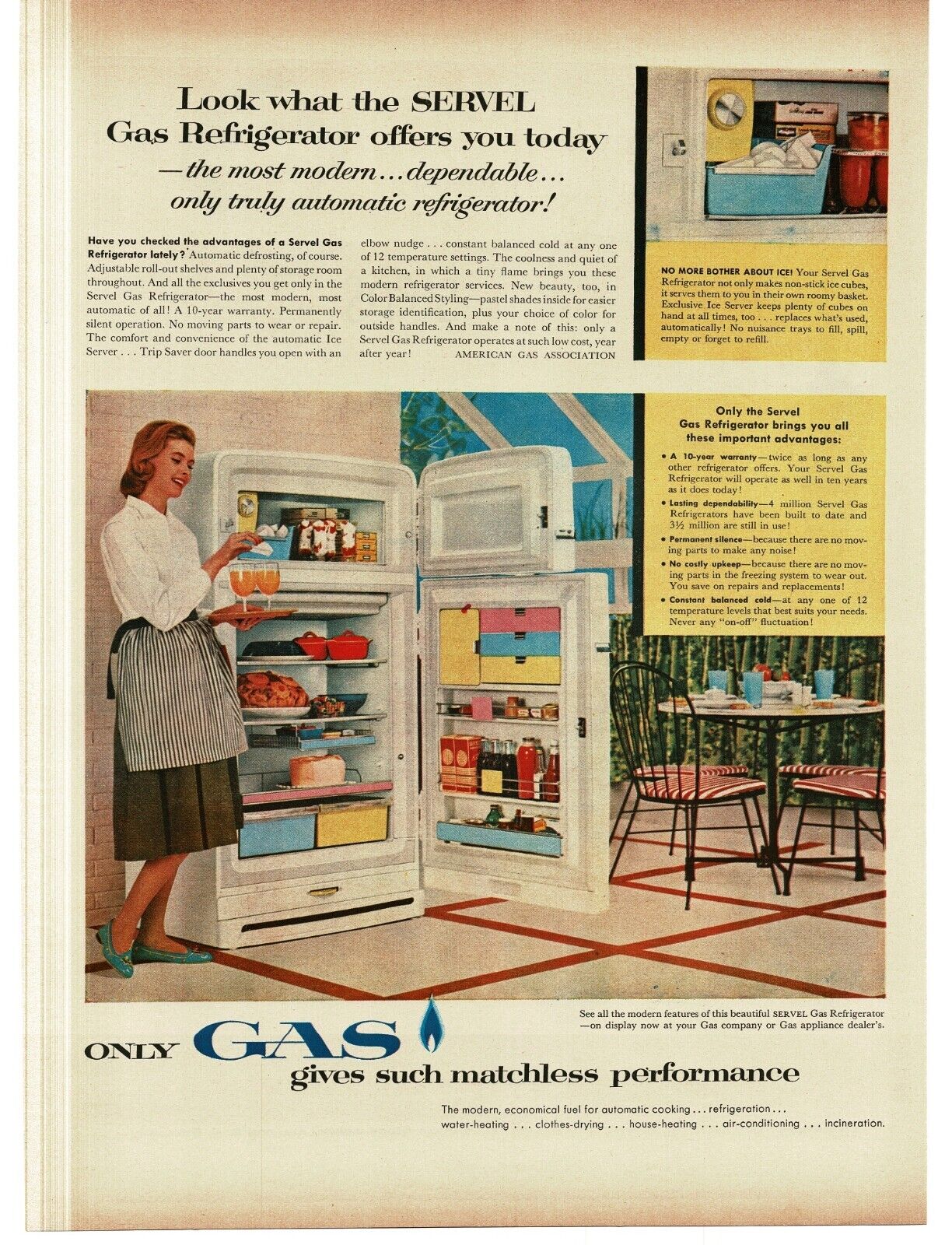 1956 Servel Gas Refrigerator Freezer 50s kitchen decor Vintage Print Ad