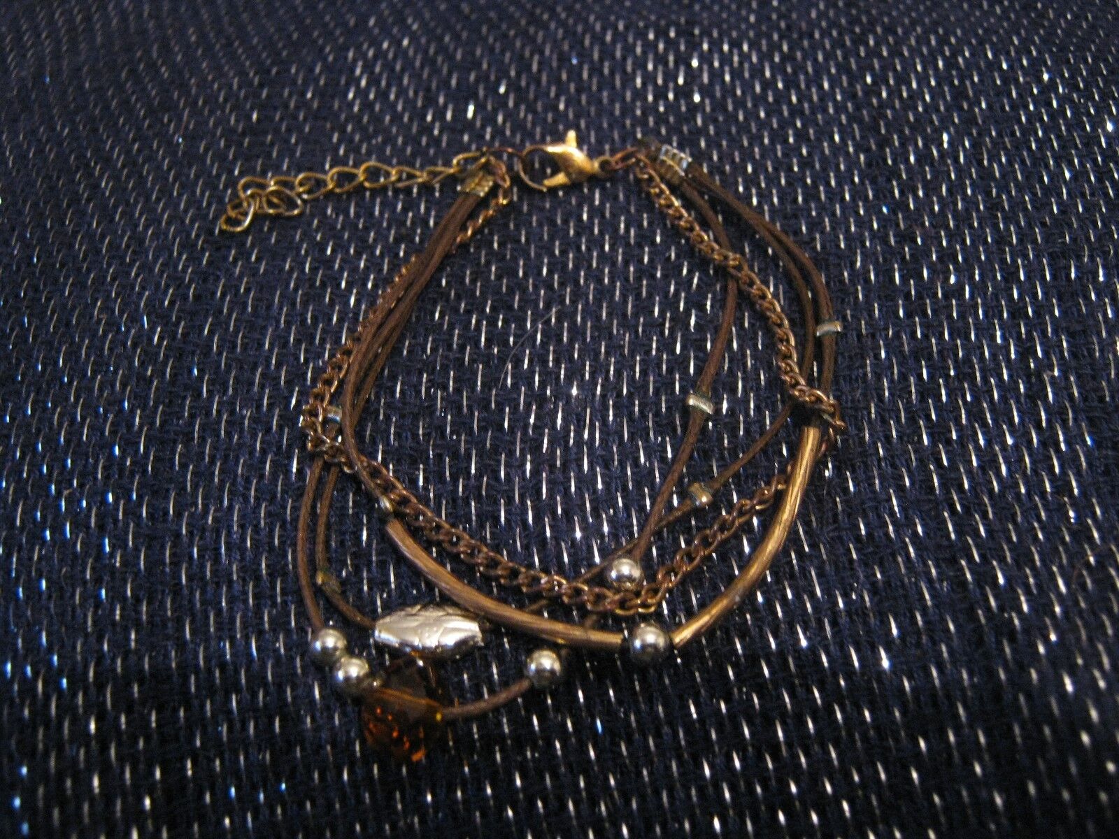 Very pretty dainty bootlace & chain brown bracelet with various beads