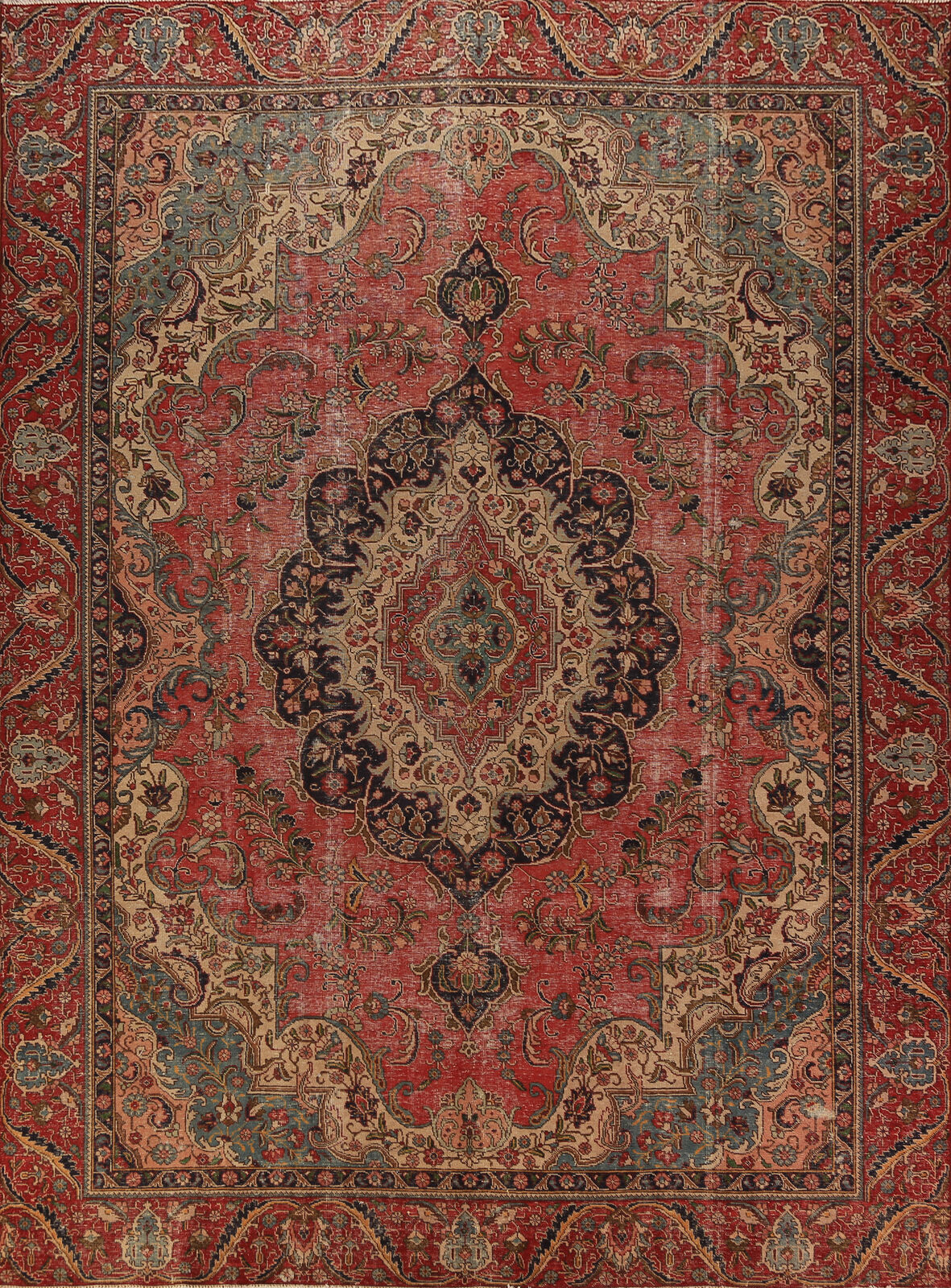 Vintage Red Wool Medallion Tebriz  Area Rug 9x13 Living Room Hand-knotted Carpet