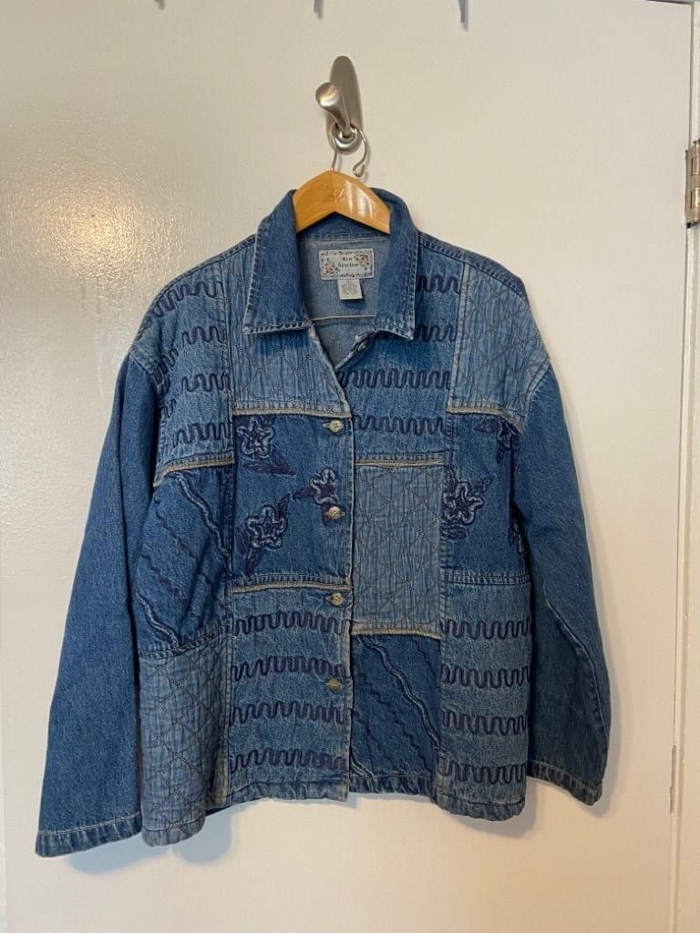 Vintage Quilted Denim Chore Patchwork Floral Embroidery Button Jacket Size Large