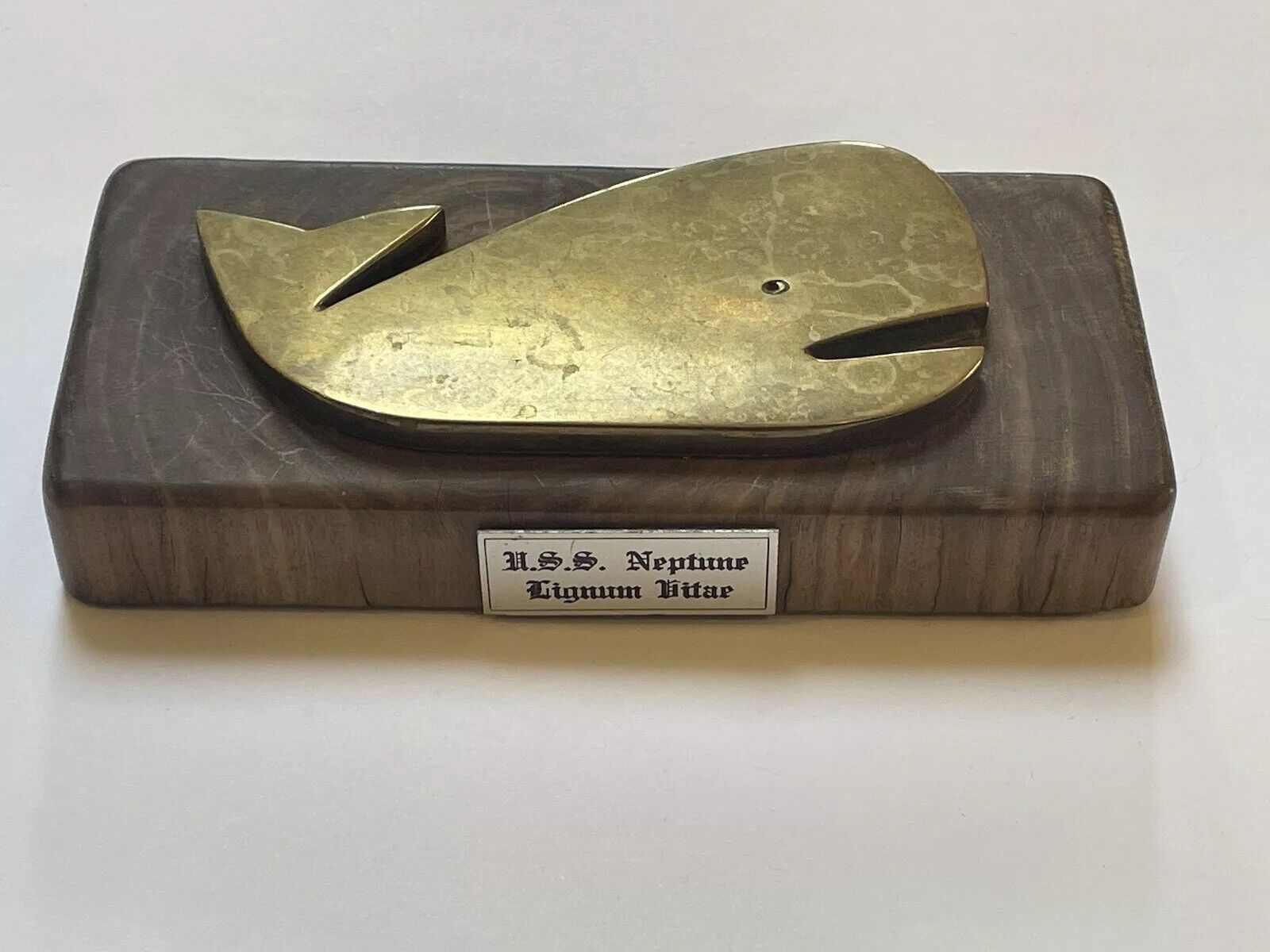 “USS Neptune Lignum Vitae” Wood Block W/ Brass Whale Commemorative Item See Note
