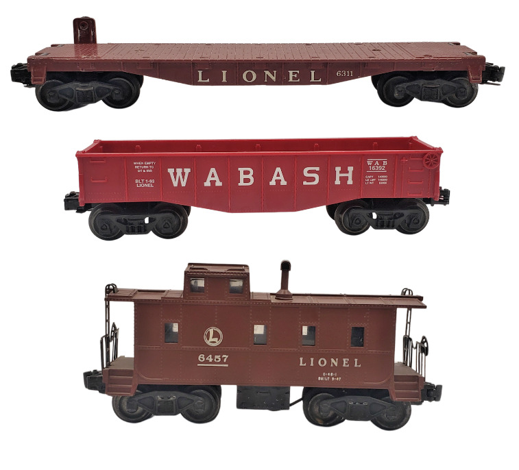 3 Vintage Lionel Train Cars - Caboose - Loader - Flatbed