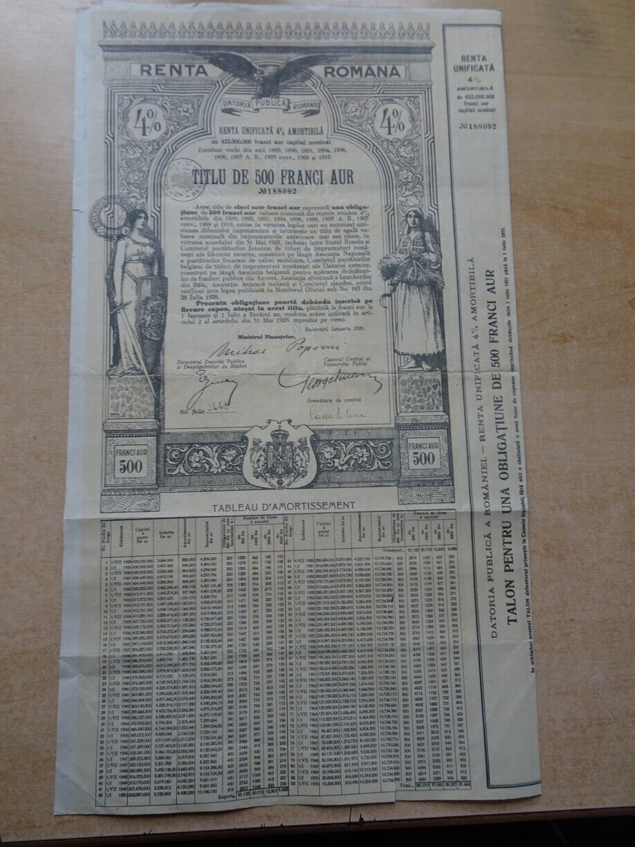 Romania: Rente Romana. Datoria Publica. 4% Titlu de 500 Franci Aur. 1929