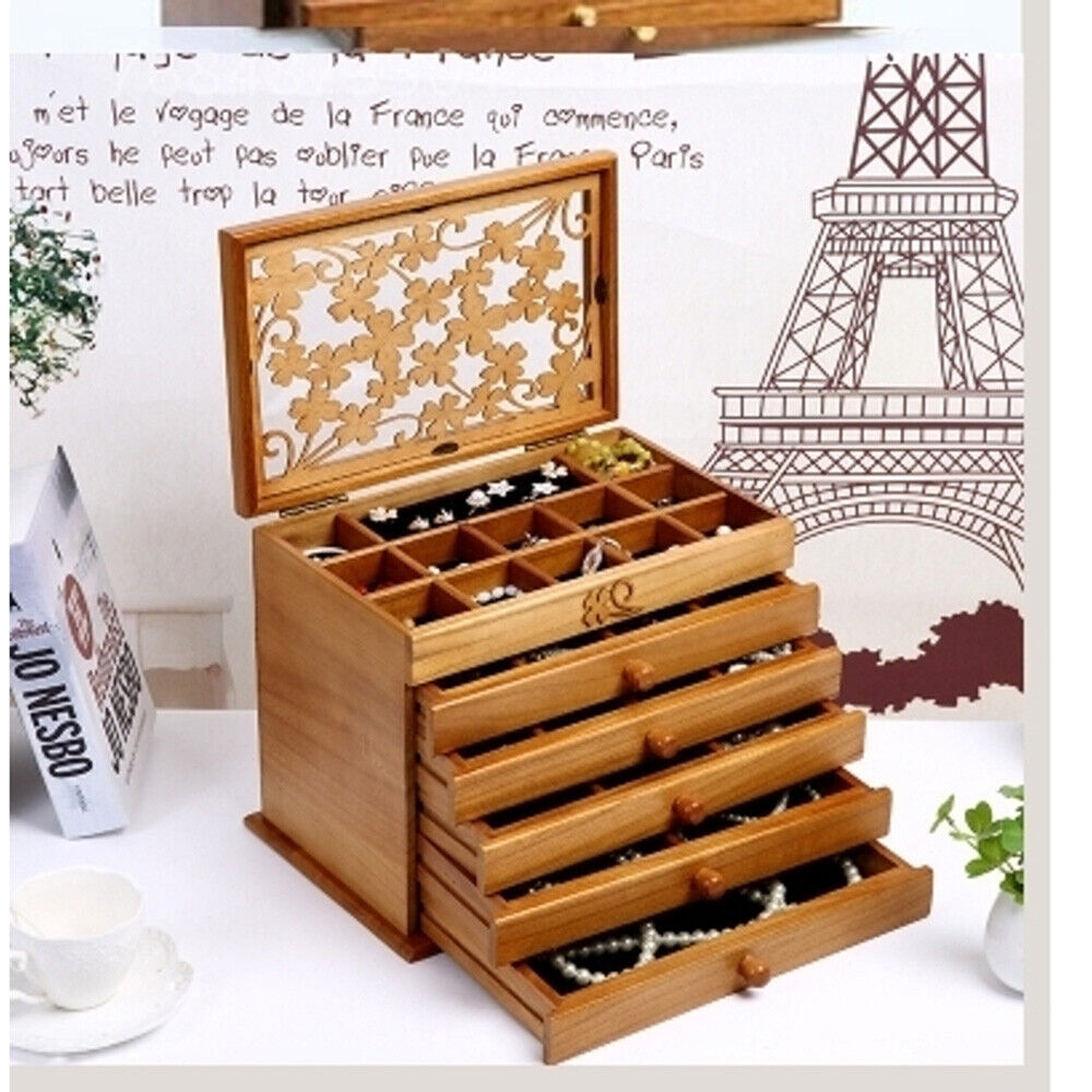 Large Vintage Wooden Jewelry Box 6 Layers Necklace Organizer Storage Box Gift