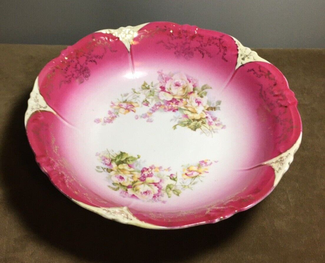 Antique Serving Bowl, Lovely German Porcelain Hot Pink & Yellow Roses Gold Trim