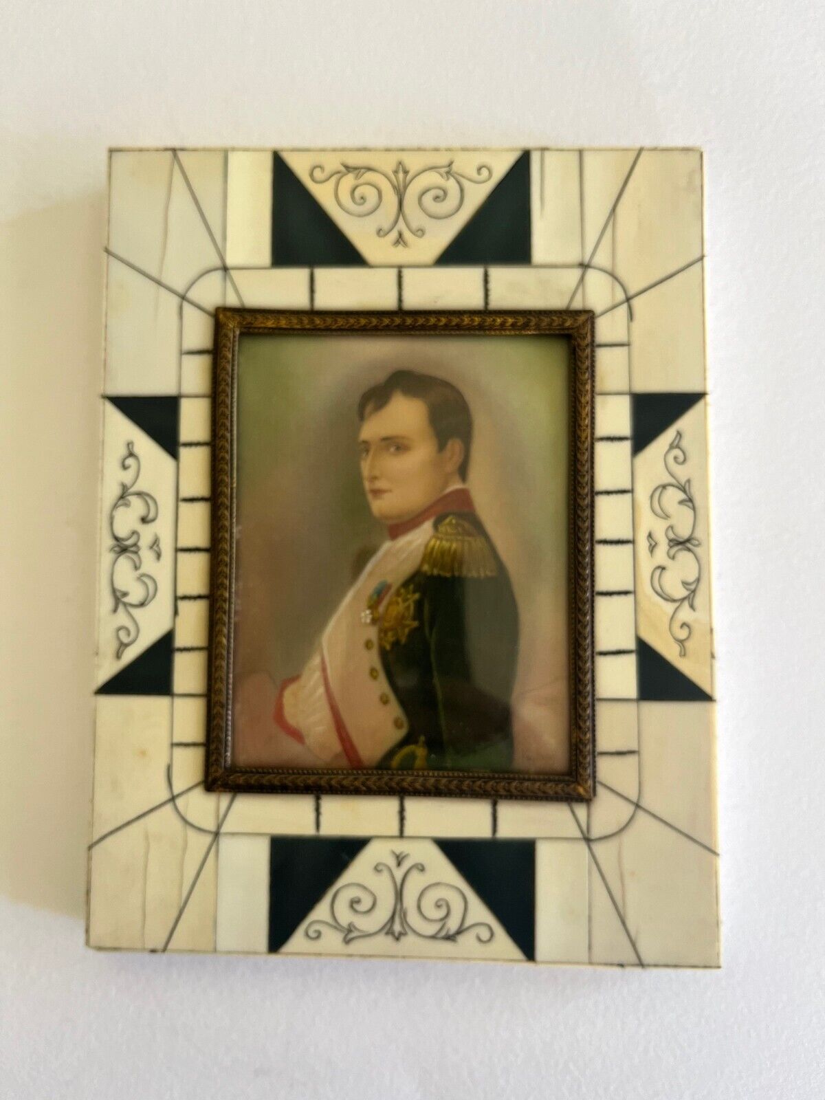 Antique Miniature NAPOLEON Bonaparte Portrait ~ piano key frame ~ 19th century