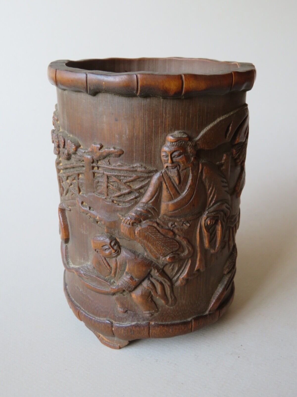 OLD CHINESE CARVED BAMBOO BITONG - BRUSH POT - FIGURES, GEESE, PINE, BANANA PALM